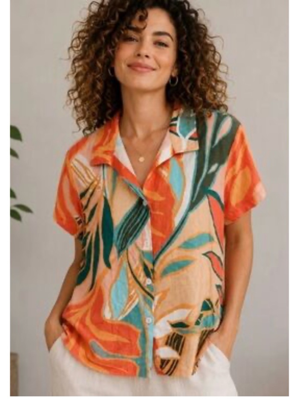 Anthropologie Vitamin A Tropical Woven Button Down Short Sleeve Shirt Boho Large